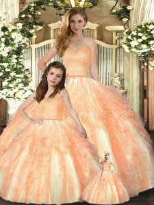 Elegant Orange Organza Lace Up Quince Ball Gowns Sleeveless Floor Length Beading and Ruffles