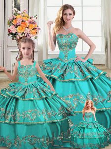 Traditional Sleeveless Organza Floor Length Lace Up Quinceanera Gown in Aqua Blue with Embroidery and Ruffled Layers