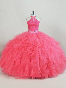 Sleeveless Tulle Lace Up Sweet 16 Quinceanera Dress in Pink with Beading and Ruffles