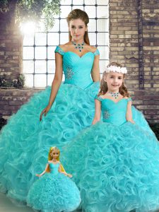 Delicate Aqua Blue Vestidos de Quinceanera Military Ball and Sweet 16 and Quinceanera with Beading Off The Shoulder Sleeveless Lace Up