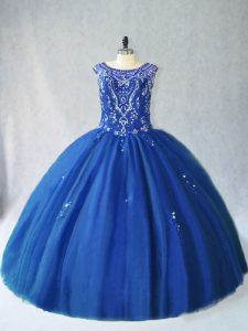 Free and Easy Blue Ball Gowns Scoop Sleeveless Tulle Floor Length Lace Up Beading Sweet 16 Dresses