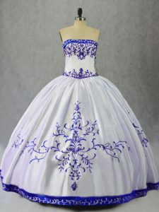 Blue And White Ball Gowns Satin Strapless Sleeveless Embroidery Floor Length Lace Up Quinceanera Dresses
