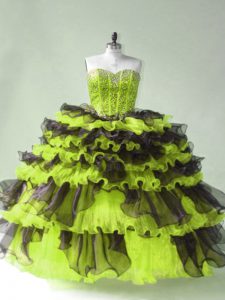 Fitting Sleeveless Organza Lace Up Sweet 16 Dresses in Yellow Green with Beading
