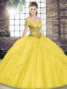 Gold Lace Up Off The Shoulder Beading and Ruffles Sweet 16 Dresses Tulle Sleeveless