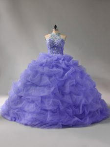 Sexy Lavender Ball Gowns Organza Halter Top Sleeveless Beading and Pick Ups Lace Up Quinceanera Dress Court Train