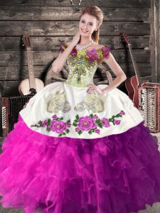 Organza Off The Shoulder Sleeveless Lace Up Embroidery and Ruffles 15 Quinceanera Dress in White And Purple