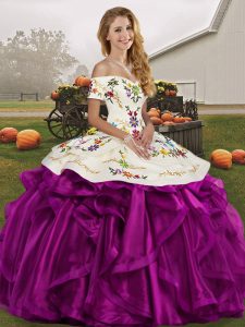White And Purple Ball Gowns Off The Shoulder Sleeveless Organza Floor Length Lace Up Embroidery and Ruffles 15th Birthday Dress