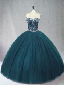 Peacock Green Ball Gowns Beading Quinceanera Gown Lace Up Tulle Sleeveless Floor Length