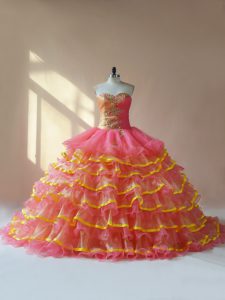 Pink Ball Gowns Beading and Ruching 15 Quinceanera Dress Lace Up Organza Sleeveless