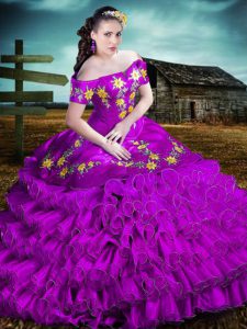 Purple Off The Shoulder Neckline Embroidery and Ruffles Ball Gown Prom Dress Sleeveless Lace Up