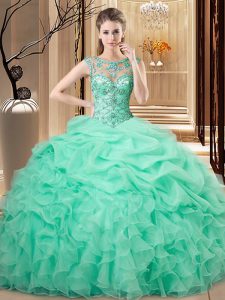 Apple Green Lace Up Quince Ball Gowns Beading and Ruffles Sleeveless Floor Length