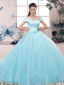 Trendy Tulle Off The Shoulder Short Sleeves Lace Up Lace and Hand Made Flower Sweet 16 Dress in Aqua Blue