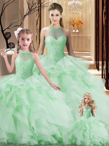 Superior Beading and Ruffles Quinceanera Dresses Apple Green Lace Up Sleeveless Brush Train