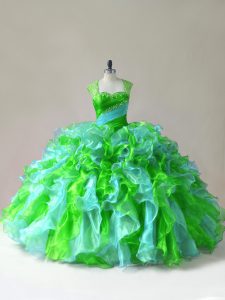 Spectacular Multi-color Ball Gowns Organza Straps Sleeveless Beading and Ruffles Floor Length Zipper Quinceanera Dresses