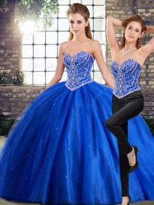 Blue Lace Up Sweet 16 Dress Beading Sleeveless Brush Train