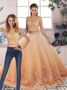 Designer Peach Two Pieces Lace 15th Birthday Dress Backless Tulle Sleeveless