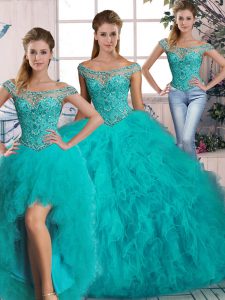 Brush Train Three Pieces Quinceanera Dress Aqua Blue Off The Shoulder Tulle Sleeveless Lace Up