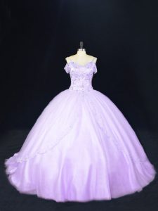 Latest Court Train Ball Gowns Quinceanera Gowns Lavender Off The Shoulder Tulle Sleeveless Lace Up