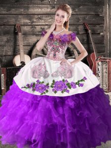 Custom Fit Purple Ball Gowns Organza Off The Shoulder Sleeveless Embroidery Floor Length Lace Up 15 Quinceanera Dress