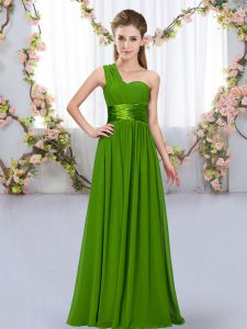 One Shoulder Sleeveless Quinceanera Court of Honor Dress Floor Length Belt Green Chiffon