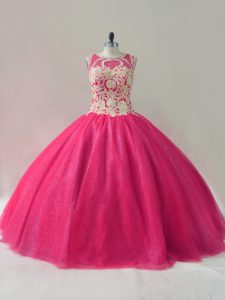 Sophisticated Floor Length Hot Pink Quinceanera Gowns Tulle Sleeveless Appliques