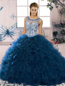 Cute Navy Blue Ball Gowns Beading and Ruffles Sweet 16 Dress Lace Up Organza Sleeveless Floor Length