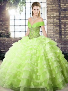 Off The Shoulder Sleeveless Quince Ball Gowns Brush Train Beading and Ruffled Layers Yellow Green Organza