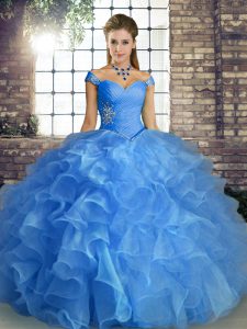 Smart Blue Ball Gowns Off The Shoulder Sleeveless Organza Floor Length Lace Up Beading and Ruffles Ball Gown Prom Dress