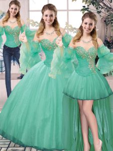 Super Sleeveless Tulle Floor Length Lace Up Quinceanera Dress in Turquoise with Beading