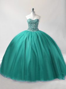 Beautiful Turquoise Ball Gowns Tulle Sweetheart Sleeveless Beading Floor Length Lace Up 15 Quinceanera Dress