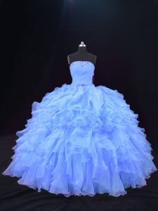 New Style Strapless Sleeveless Quinceanera Dresses Floor Length Beading and Ruffles Purple Organza