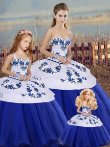 Dramatic Sleeveless Tulle Floor Length Lace Up Sweet 16 Dress in Royal Blue with Embroidery and Bowknot