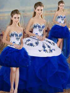 Hot Sale Sleeveless Floor Length Embroidery and Ruffles and Bowknot Lace Up Sweet 16 Quinceanera Dress with Royal Blue