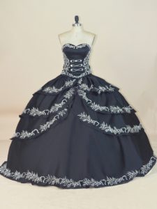 Black Satin Lace Up Sweetheart Sleeveless Floor Length Quinceanera Gown Embroidery