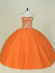 Orange Lace Up Quinceanera Gowns Beading Sleeveless Floor Length