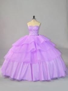 Charming Sweetheart Sleeveless Quince Ball Gowns Beading and Ruffled Layers Lavender Organza