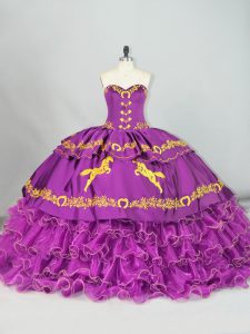 Purple Satin and Organza Lace Up 15th Birthday Dress Sleeveless Brush Train Embroidery and Ruffles