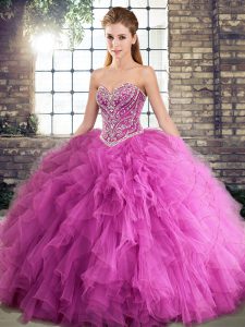 Popular Rose Pink Lace Up Sweetheart Beading and Ruffles 15 Quinceanera Dress Tulle Sleeveless