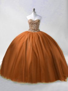 Brown Ball Gowns Beading Sweet 16 Dress Lace Up Tulle Sleeveless Floor Length