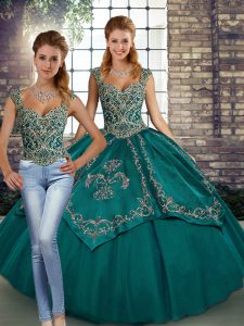 Stylish Teal Two Pieces Straps Sleeveless Tulle Floor Length Lace Up Beading and Embroidery Quinceanera Gowns
