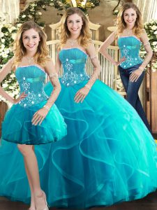 Glittering Floor Length Ball Gowns Sleeveless Aqua Blue Quinceanera Dress Lace Up
