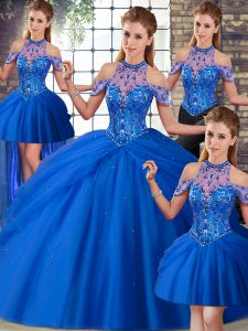 Blue Tulle Lace Up Halter Top Sleeveless Quince Ball Gowns Brush Train Beading and Pick Ups