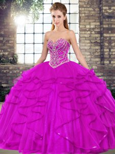 Wonderful Floor Length Lace Up Ball Gown Prom Dress Fuchsia for Military Ball and Sweet 16 and Quinceanera with Beading and Ruffles