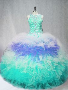 Edgy Multi-color Tulle Zipper 15th Birthday Dress Sleeveless Floor Length Beading and Ruffles