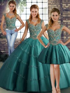 Teal Three Pieces Tulle Straps Sleeveless Beading and Appliques Floor Length Lace Up Sweet 16 Quinceanera Dress