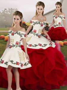 White And Red Lace Up 15 Quinceanera Dress Embroidery and Ruffles Sleeveless Floor Length