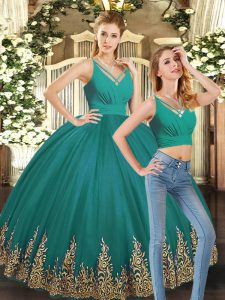 Turquoise V-neck Neckline Embroidery 15 Quinceanera Dress Sleeveless Backless