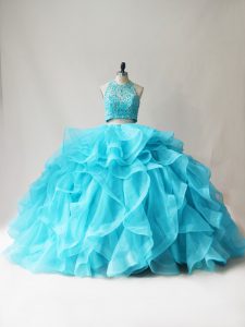 Unique Organza Halter Top Sleeveless Lace Up Beading and Ruffles Sweet 16 Dress in Aqua Blue