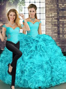 Aqua Blue Off The Shoulder Lace Up Beading and Ruffles Sweet 16 Quinceanera Dress Sleeveless