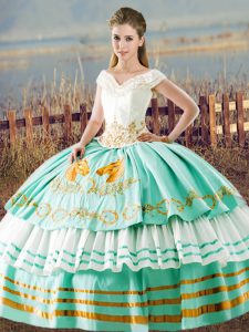 Aqua Blue Ball Gowns V-neck Sleeveless Satin Floor Length Lace Up Beading and Ruffled Layers 15 Quinceanera Dress